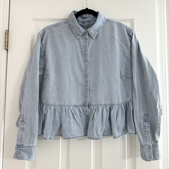 Topshop Blue Ruffle Peplum Hem Denim Shirt Snap Button Long Sleeve Women's 8 - Picture 4 of 8